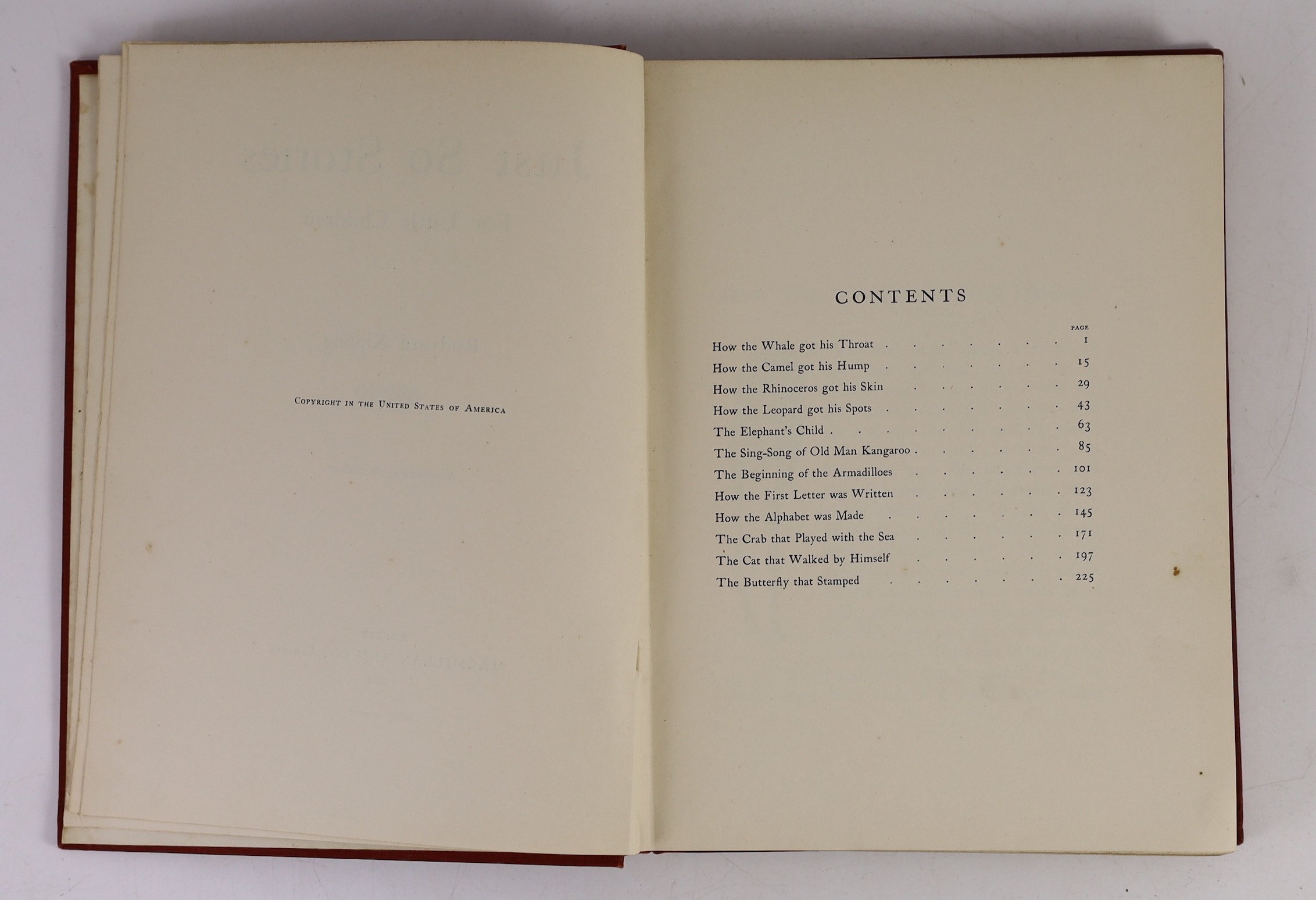 Kiping Rudyard - Just So Stories for Little Children. First edition. num. illus. (but the author, some full page), half title; publisher's black and white pictorially designed maroon cloth, 4to. 1902